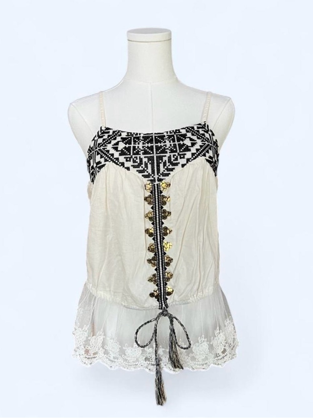 Embroidered Ivory Peplum Cami Top with Black Trim, Lace, and Gold Details NWT